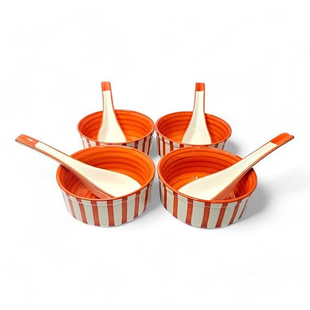 Orange Ceramic Soup Bowl with Spoon | Handpainted Set of 2