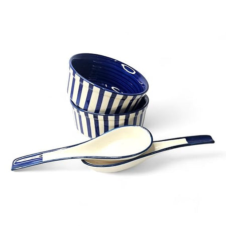 Blue Ceramic Soup Bowl with Spoon 300ml | Handpainted Set of 2