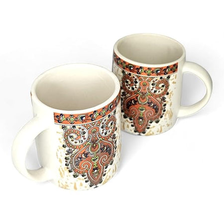 Orange and Gold Floral Design Ceramic Coffee Mug 300ml | Set of 2