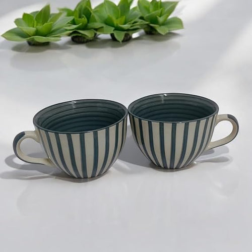 Striped Ceramic Soup Mugs with Handle 300ml | Set of 2