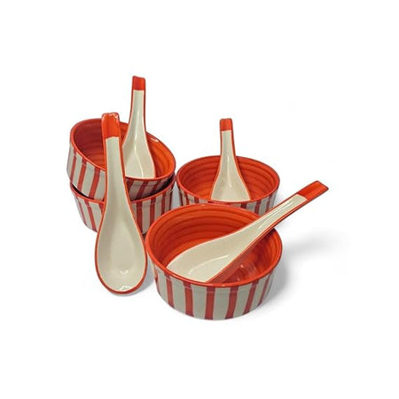 Orange Ceramic Soup Bowl with Spoon | Handpainted Set of 2