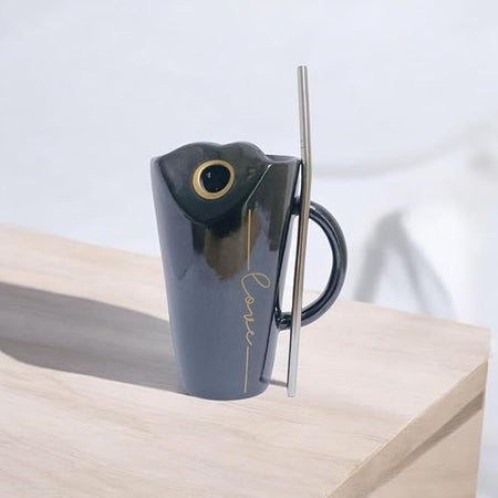 Tall Sipper Mug with Handle and Straw  Black 400ml