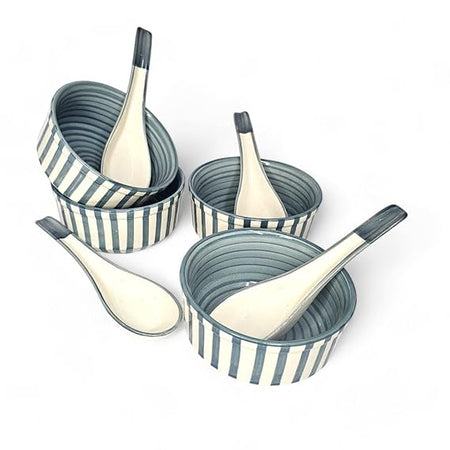 Gray Ceramic Soup Bowl with Spoon 300ml  | Handpainted Set of 2