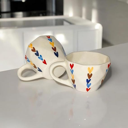 Multicoloured Heart Pattern Ceramic Coffee Mugs with Handles 175 ml | Set of 2