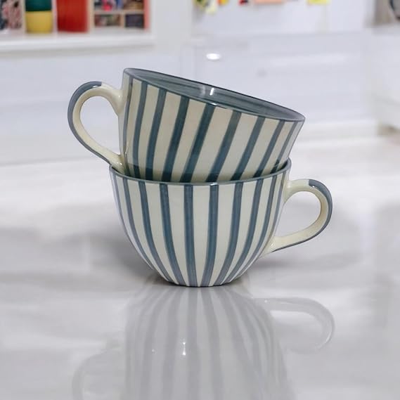 Striped Ceramic Soup Mugs with Handle 300ml | Set of 2