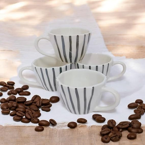 White & Black Print Tea/Coffee Mug 175 Ml Set of 4