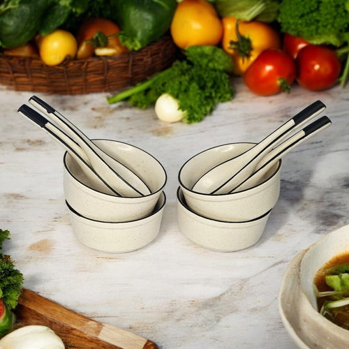 Wite Ceramic Soup Bowl with Spoon 300ml | Handpainted Set of 4