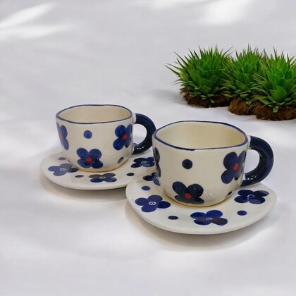 Blue Floral Design Ceramic Cup and Saucer Set of 2 | Ceramic Cup 200ml