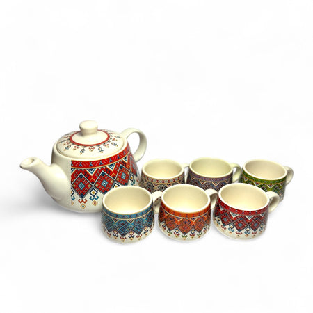 Hand-Painted Premium Ceramic Tea Morning Set | 6 Coffee Tea Cups 150ml and 1 Kettle 750ml