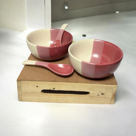 TT Pink Matte Ceramic Bowls 150ml with Spoon | Dinner Bowls- Set of 2