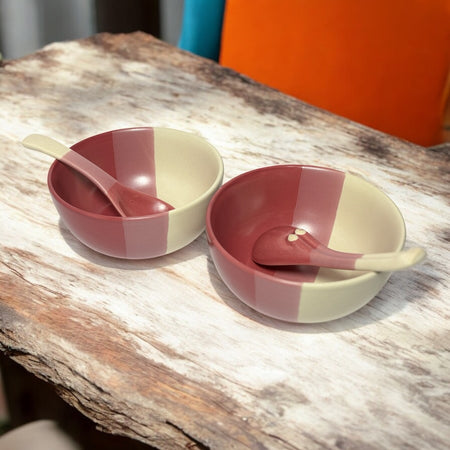 TT Pink Matte Ceramic Bowls 150ml with Spoon | Dinner Bowls- Set of 2