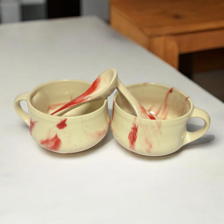 Red & White Ceramic Soup Bowl with Spoon 300ml | Set of 2