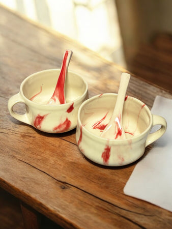 Red & White Ceramic Soup Bowl with Spoon 300ml | Set of 2