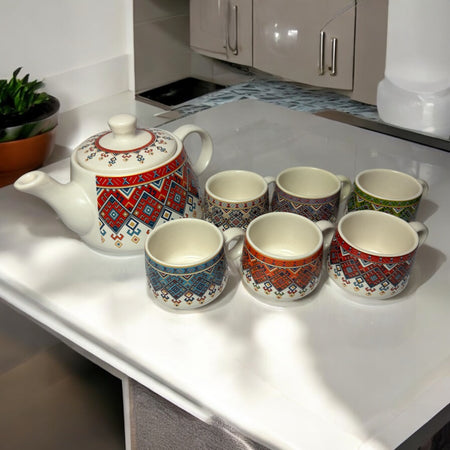 Hand-Painted Premium Ceramic Tea Morning Set | 6 Coffee Tea Cups 150ml and 1 Kettle 750ml