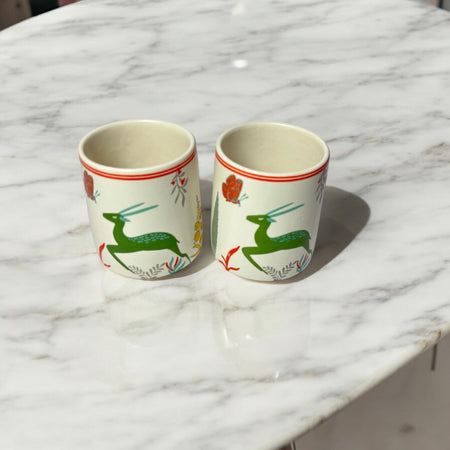 Handprinted Clay Blue Woodland Deer Mug | Cream and Red Set of 2